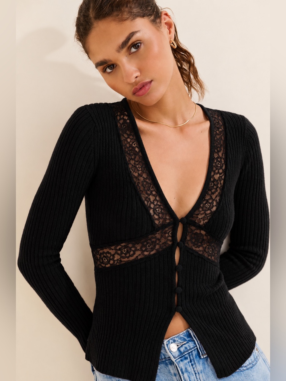 Reformation Sunniva Lace Cashmere Cardigan Black Size S Romantic Coquette